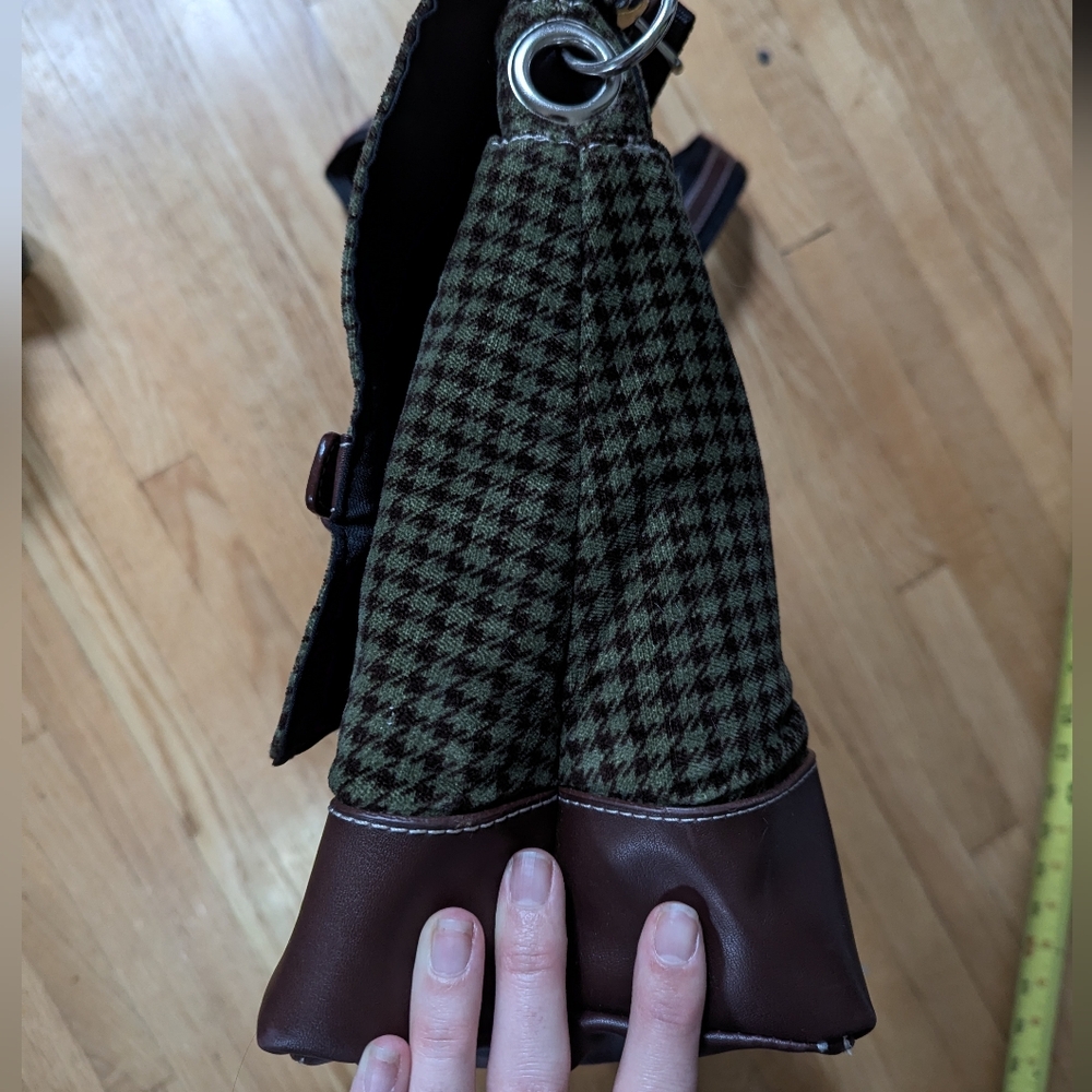 Y2K Vintage Tommy Hilfiger Wool & Leather Houndstooth Messenger Bag Brown Green - Picture 10 of 13